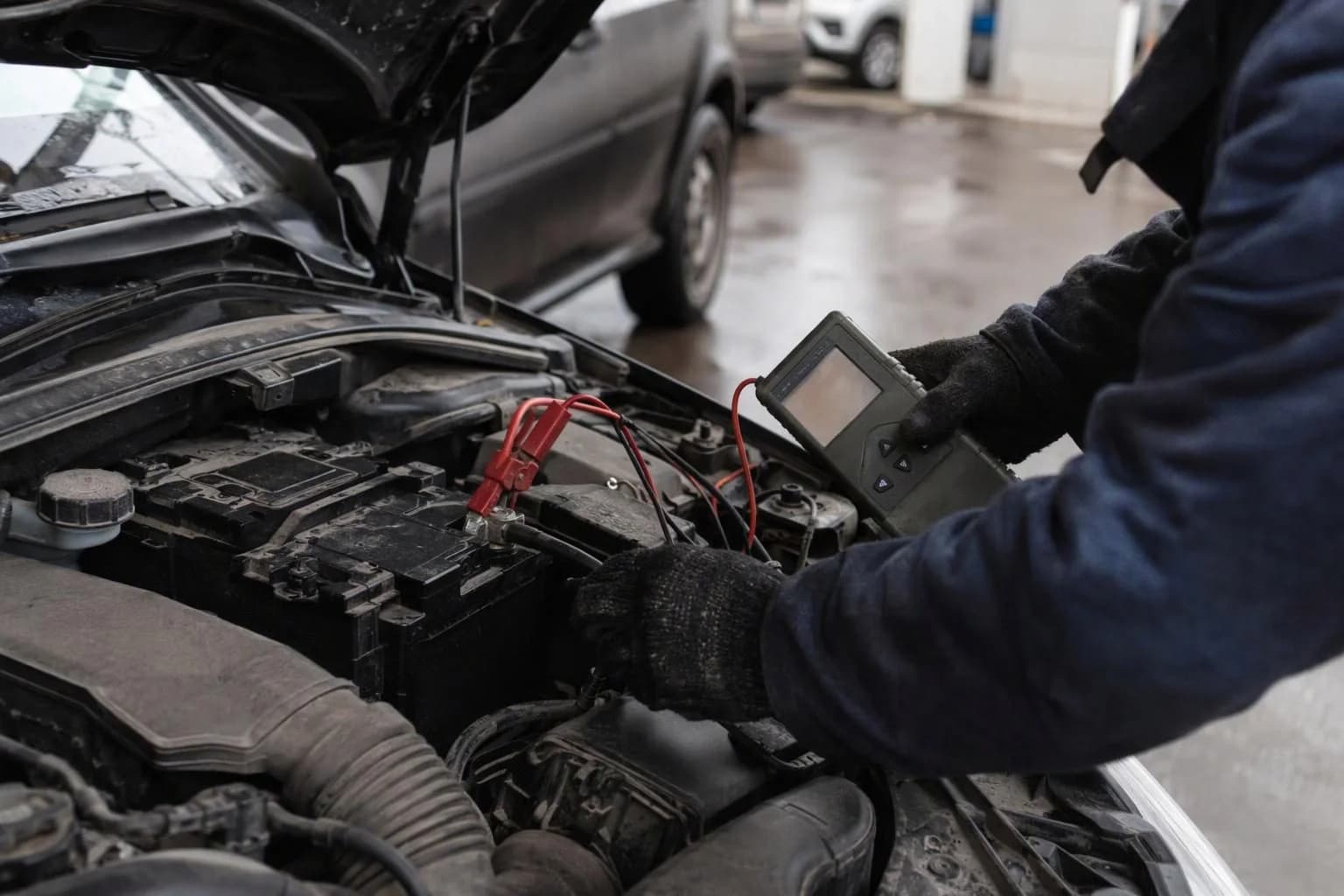 A mechanic tests a car battery under an open bonnet on a chilly autumn morning.