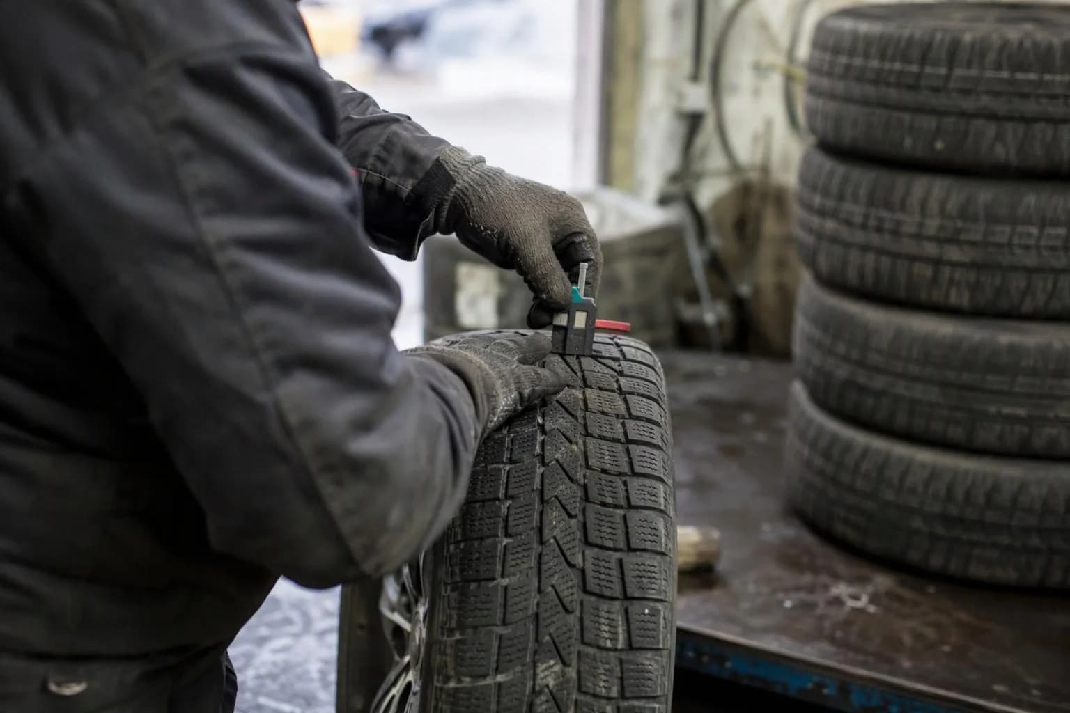 A service technician measures the tread depth of a used winter tyre before it is refitted.