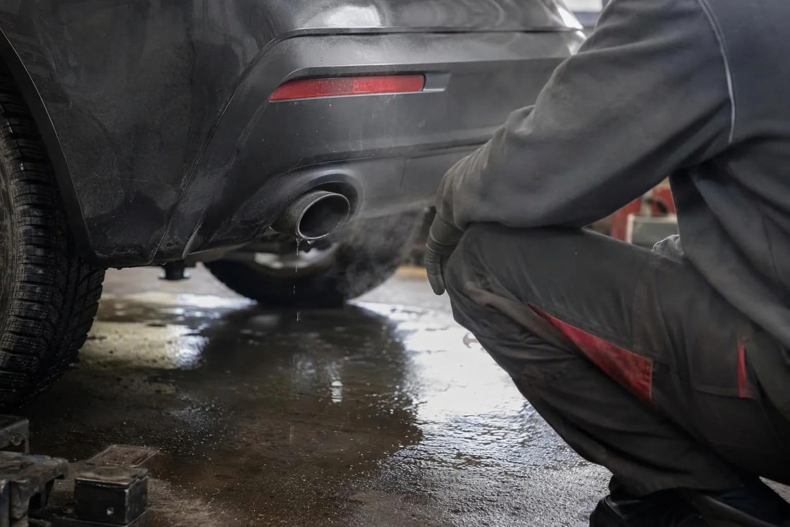 Water droplets and light vapour near a car's exhaust on a cool, damp morning.